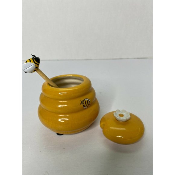 Ceramic Honey Miel Jar Honey Pot Bee Dipper And Bee Hive With Daisy - Picture 7 of 9